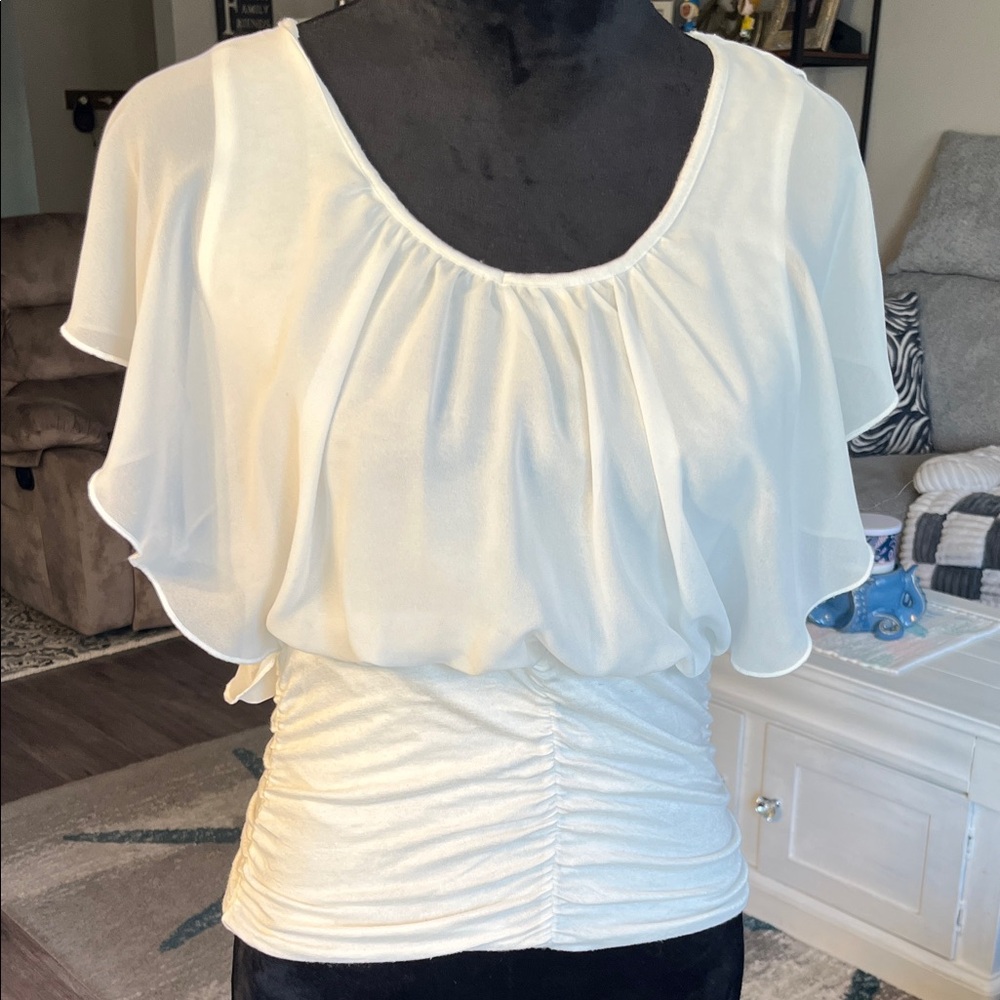 Gal Boss Ivory Flutter Sleeve Blouse with rouching in the waist